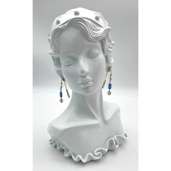 VTG Post Earrings 10K Gold Double Dangle Blue Gems & Faux Pearls Heart Charm - Picture 2 of 5